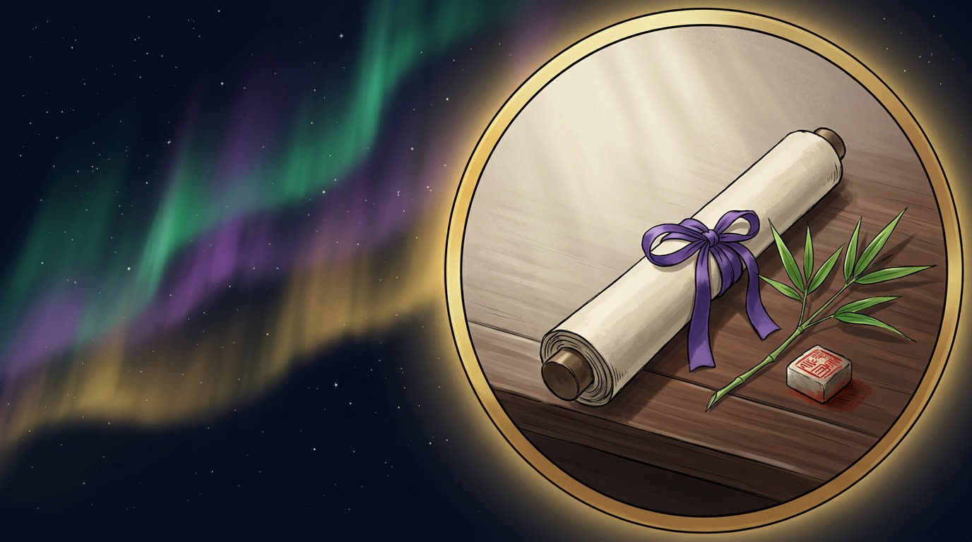 Gerollte Schriftrolle mit violettem Seidenband und Bambus — AGB des Tengu Akasha Dojo