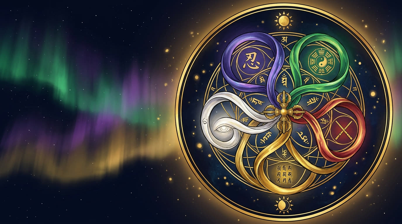 Sacred Geometry Mandala mit fuenf Pfaden um einen goldenen Vajra — Das System des Tengu Akasha Dojo