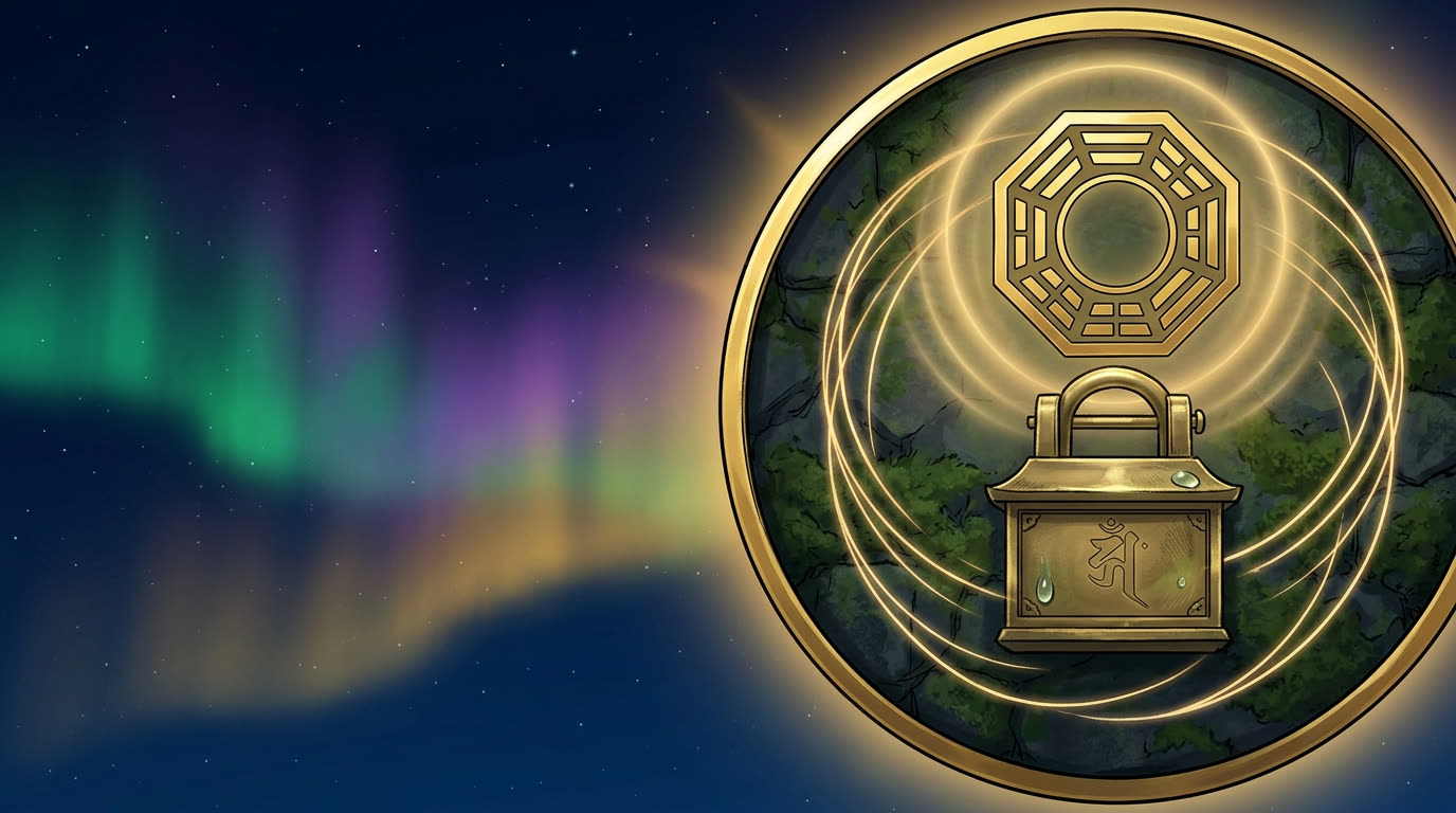 Bagua-Achteck ueber einem Schreinkasten-Schloss mit goldenem Schutz-Glow — Datenschutz