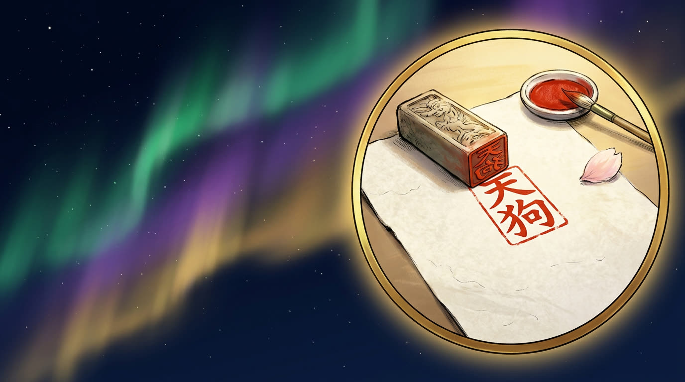 Antiker Stein-Hanko mit Cinnabar-Abdruck eines Tengu-Kanji — Impressum