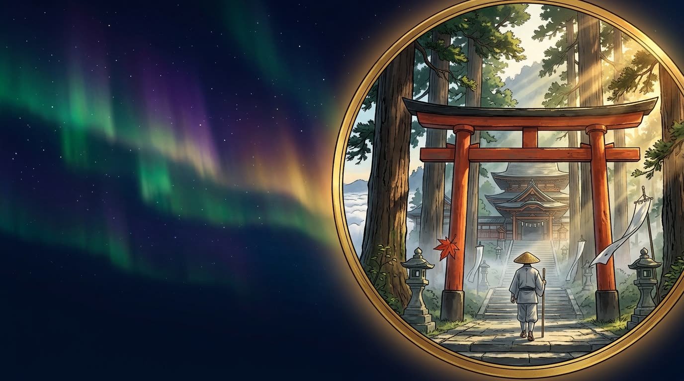 Vermilion Torii-Tor mit Pilger im Morgennebel zu einem Bergtempel — Tengu Akasha Dojo Japan-Reisen