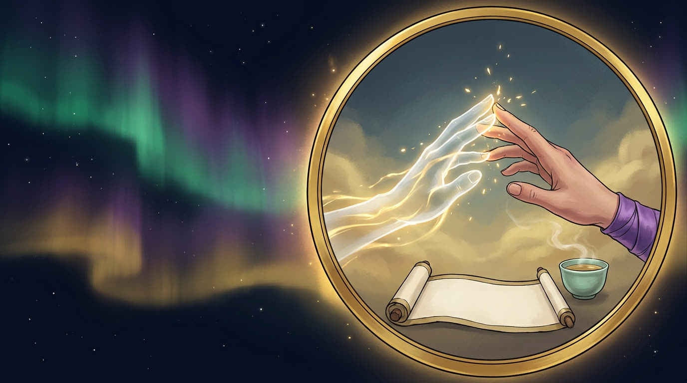 Spirit-Hand und Menschen-Hand begegnen sich im goldenen Lichtmist — Kontakt zum Tengu Akasha Dojo