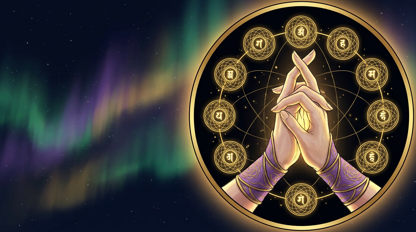 Haende formen Kuji-Kiri Mudra mit neun goldenen Sacred-Geometry-Siegeln — Kuji Kiri im Tengu Akasha Dojo