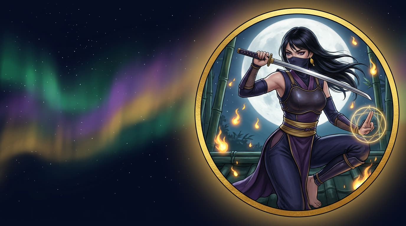Sinnliche Kunoichi mit Katana im Bambushain bei Vollmond — Ninjutsu der Taguchi-Linie