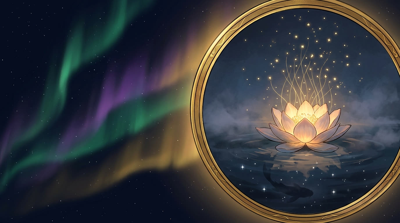 Lotus mit goldenen Lichtfaeden und Stern-Sparks ueber dunklem Wasser — Stimmen aus der Praxis